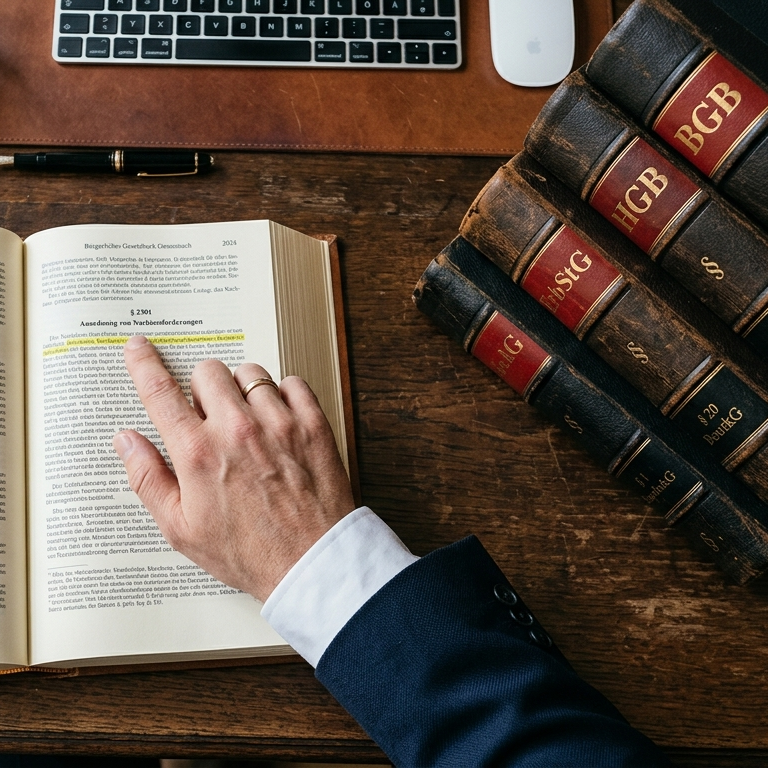 Offene Buchseite mit hervorgehobenen Text, Hand zeigt darauf, daneben alte Gesetzesbücher.